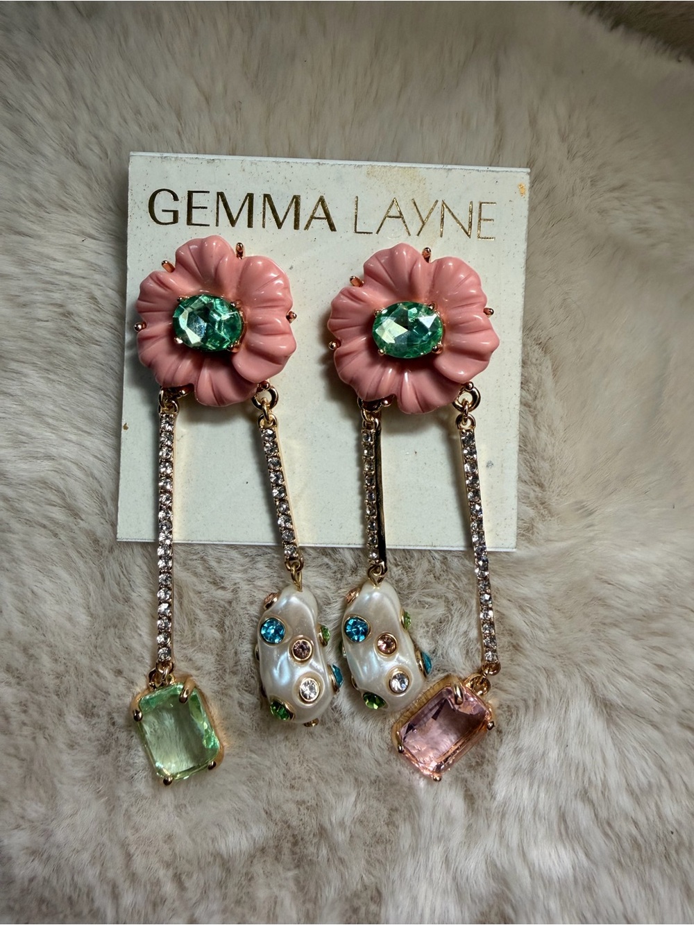 Mi Rose-Accent Floral Drop Earrings with Green and Clear Gems